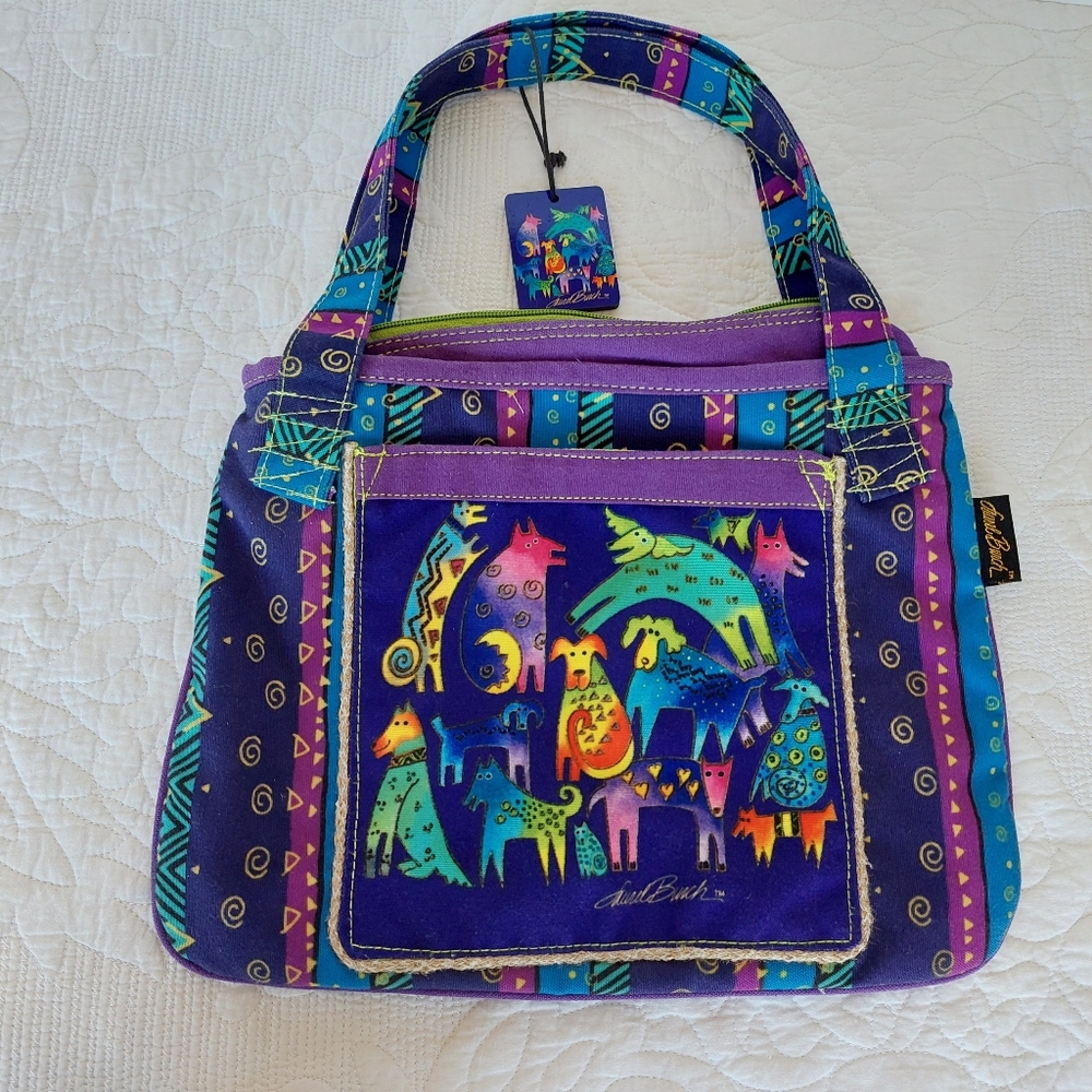 Laurel Burch Mythical Dogs Medium Canvas Shoulder Bag Tote Handbag Women’s Purse